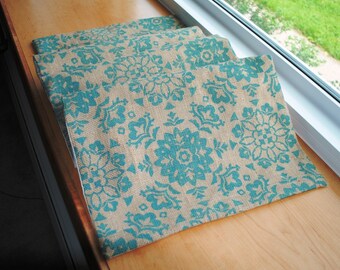 Handmade Burlap Table Runner Blue Table Topper Natural Burlap