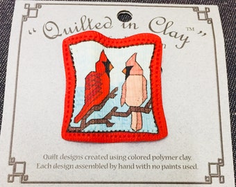 Quilted in Clay Cardinal Bird Brooch