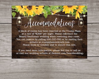 Rustic Sunflower Wedding Accommodation Insert Cards Printed and Shipped to You - Country Rustic Wedding - Affordable Inserts - Wedding-101