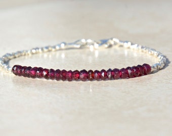 Garnet, Garnet Gemstone Bracelet, Garnet Jewelry, Hill Tribe Silver, Beaded Bracelet, January Birthstone Bracelet, Birthday Gift For Her