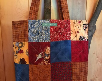Western Patchwork Market Tote, Quilted Market Tote, Quilted Shopping Bag, Market Tote, Grocery Bag