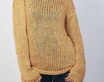 Hand knit sweater Eco cotton long sweater Mustard Yellow Top