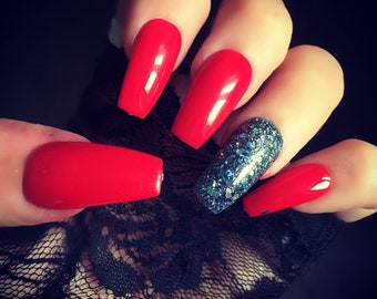 Hand Painted False Nails Bright Red Diamond Coffin Full Cover Tips - Set Of 24 Glue On Nails Press On Nails