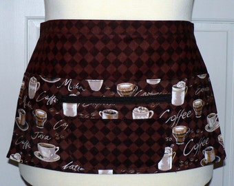 Coffee Time Lotsa Pockets Apron with zip pocket for money, Waitress- Vendor- Teacher- Barista- Farmer's Market Apron, 2 sizes made-to-order