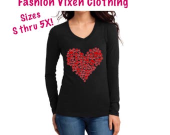 Day of the Dead Red Glitter Skull Heart Long Sleeve V-Neck Shirt S M L XL Plus Size 1x 2x 3x 4x 5x