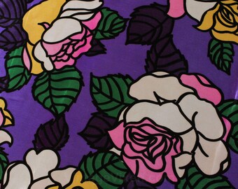 1960s Satin Fabric - 6 Yards x 43.5 Inches - 1960s Purple Pink Green Yardage - Mod Floral Big Flowers - Two Pieces 3 Yards Each - 50417
