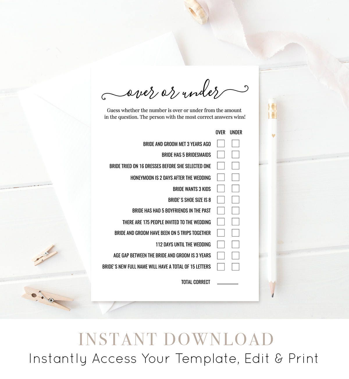 Over or Under Bridal Shower Game Printable Wedding Shower Game
