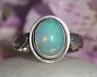 Australian Opal Ring - Silver Opal Ring - Sterling Silver Solid Opal Ring - small oval Opal ring - Opal Promise ring - US size 6
