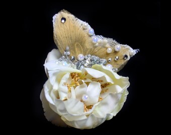 Crystal Wedding Hair Accessories, Butterfly Fascinator, Ivory Flower Hair Clip, Couture Hair Flowers Accessories