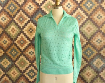 mint green pointelle sweater . vintage 1970s sweater, lightweight pullover . acrylic sweater . 70s 80s