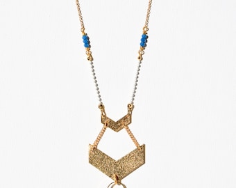 Gold chevron, beige and teal tassel necklace