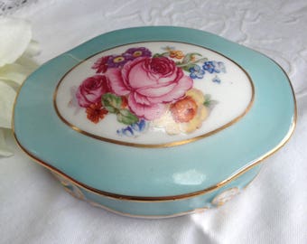 Vintage french porcelain box. Blue china box. Rose pattern. French romantic style. Jewelry box. Trinket box.