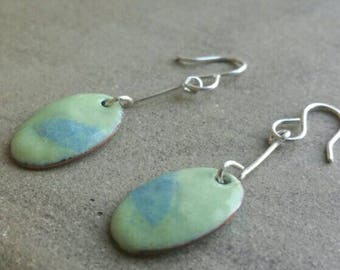 Lichen Green and Daphne Blue Oval Dangle Enamel Earrings