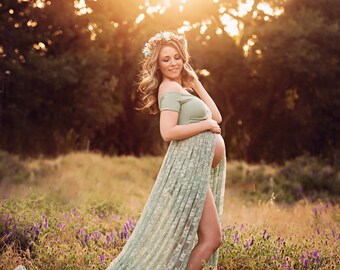 Genell Gown • Lace Maternity Gown • Short Sleeve Maternity Gown • Sweetheart Neckline Maternity Gown • Empire Waist Maternity Gown
