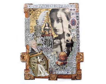 Time - Original surreal paper collage woman, child, man, jewellery
