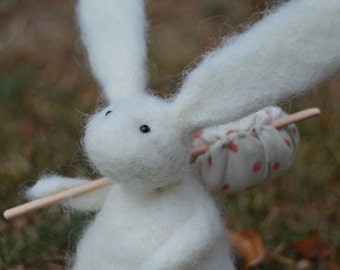 Needle Felt Rabbit on an Adventure,Bunny,Hare, Gift,Needlefelt,Soft Sculpture,OOAK,Fibre Art,Miniature,Good Luck,Miss You, Adventure,Country
