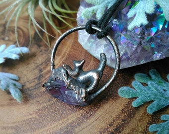 Cat | Kitten | Electroformed Pendant | Raw Amethyst | Copper | Handmade
