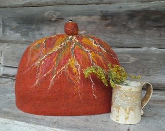 Brown Felted Tea Cozy, Felt Tea Pot Cosy, Brown Tea Pot Warmer, Handmade Wool Teapot Cover