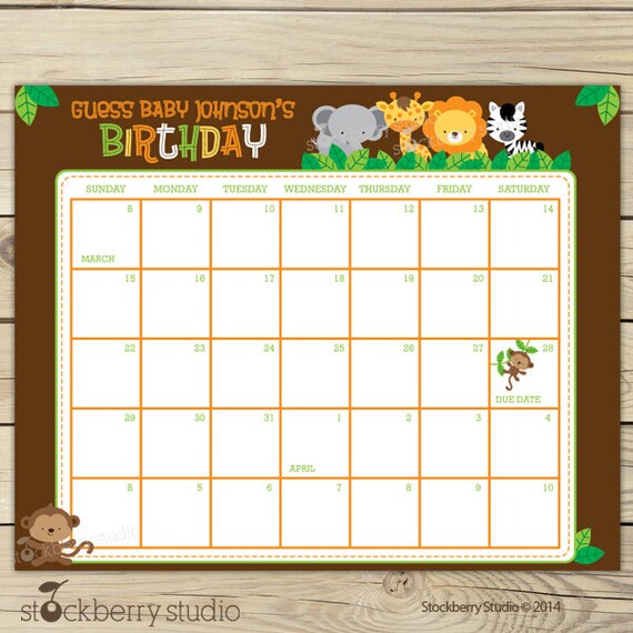 Safari Baby Shower Guess the Due Date Calendar Printable