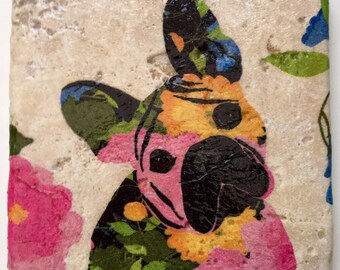 French Bulldog dog rustic stone coasters (set of 4) heavy natural stone tiles decoupaged with colourful Frenchie design