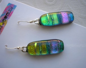 Dichroic Earrings, Spring Happiness, Spring Green and Violet Iridescent Earrings, .925 Sterling Earwires, Fused Glass, Made in USA, Dangles