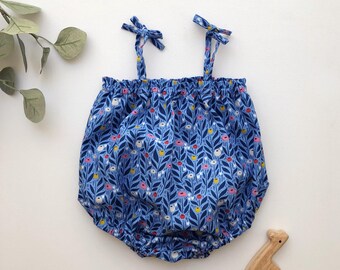 ORGANIC Blue Tulip Bubble Romper with Ties • Sunsuit • Playsuit • Baby Girl • Cotton • Mustard Pink Navy Cream