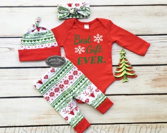 Unisex First Christmas Outfit,Red Infant Bodysuit, Red and Green Leggings,Hat and Headband With Red Cuffs, Baby's 1st Christmas Outfit