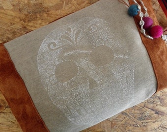 Mexican skull print canvas and leather hand bag