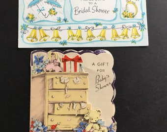 Vintage Baby/Bridal Shower Announcements, Bells & Umbrella, Teddy and Doll, ( 2 )