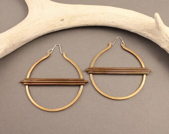 Equinox geometric brass hoop earrings with sterling silver hooks- modern, minimalist boho design