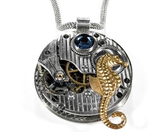 Steampunk Jewelry Necklace Vintage Pinstripe Pocket Watch SEAHORSE, SAPPHIRE Blue Swarovski Crystal Mens Fathers Day - Jewelry by edmdesigns