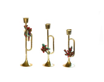 Brass Horn Candlesticks Brass Trumpet Candlesticks Horn Candle Holders Trumpet Candle Holders Holiday Decor