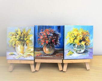 Mini Painting , Miniature,Bouquets, Original Small Painting , Oil Mini Painting on Canvas , Mother's day gifts