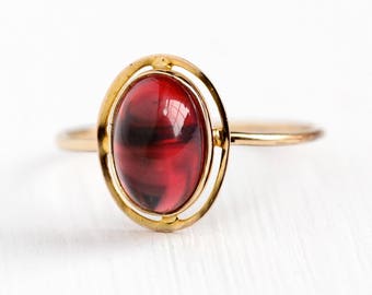 Red Cabochon Ring - Vintage 10k Top Gold Filled Band Stick Pin Conversion Oval Glass Stone - 1910s Antique Size 8 1/4 Edwardian Fine Jewelry