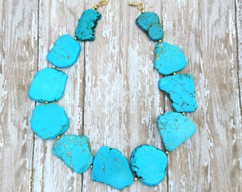 Chunky Turquoise Necklace, Turquoise Statement Necklace, Gold Turquoise, Turquoise Bead Necklace, Western Necklace, Southwest Jewelry