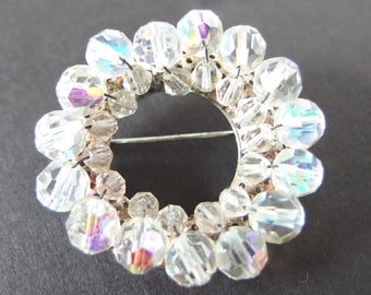 Vintage Round Aurora Borealis Brooch, Small Wreath Pin, Open Circle Jewelry