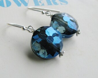 Faceted Glass Earrings Blue Rounds Sterling Silver Minimalist Modern Bridal Jewelry Sparkly Fashion