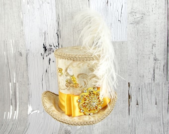 Ivory, Cream,and Gold Brocade with Medallion and Plume Large Mini Top Hat Fascinator, Alice in Wonderland, Mad Hatter Tea Party, Derby Hat