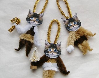 Cat Ornaments, Primitive Style Chenille Ornaments, Victorian Ornaments, Cat Lover, (193)