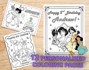 Aladdin and Jasmine Birthday Party Coloring Pages / Party favors / Personalized / Printable / Digital / PDF