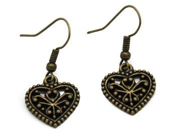 Antique Brass Heart Filigree Charm Earrings