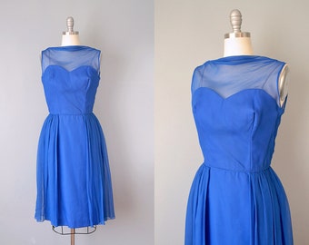 50s Dress // 1950’s Blue Chiffon and Taffeta Tailored Party Dress // S