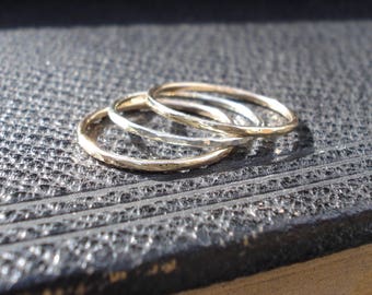 Solid Gold Stacking Ring Set - Skinny Stacking Rings - 9k Gold Rings - 9ct Gold Rings - Hammered Rings - Yellow and White Gold Rings