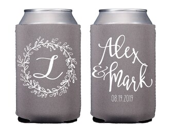 Monogram Wreath Beer Can Holder - Wedding Favor - Foam Beverage Holder - Custom Wedding Can Cooler