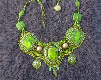 Spring green jasper bead embroidered necklace