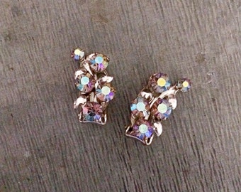 Diamante earrings, clip on earrings, rhinestone earrings, aurora borelis, vintage earrings, teal, green, purple, 1950's earrings
