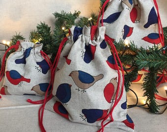 SET of 3 Linen gift drawstring bags - Birds print linen bag - Gift wrap - Present wrap bag - Organic storage bags - Sachet natural bags