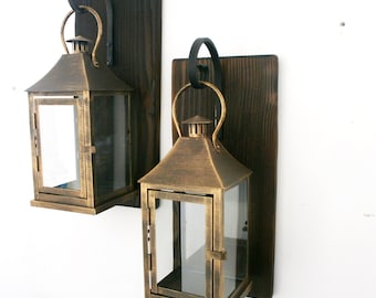 Set of 2 Lantern Sconces Rustic Hanging Lantern Lantern pair wall decor Wall sconce housewarming gift Bathroom decor Wrought iron hook