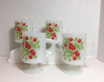 Milk Glass Cherry Cups Mugs Vintage