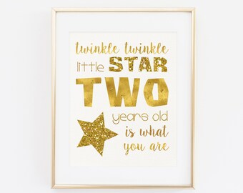 Twinkle twinkle little star, 2nd Birthday Decoration, two years old, Gold Birthday Printable, Party Decor, Birthday Decor, Gold and Glitter